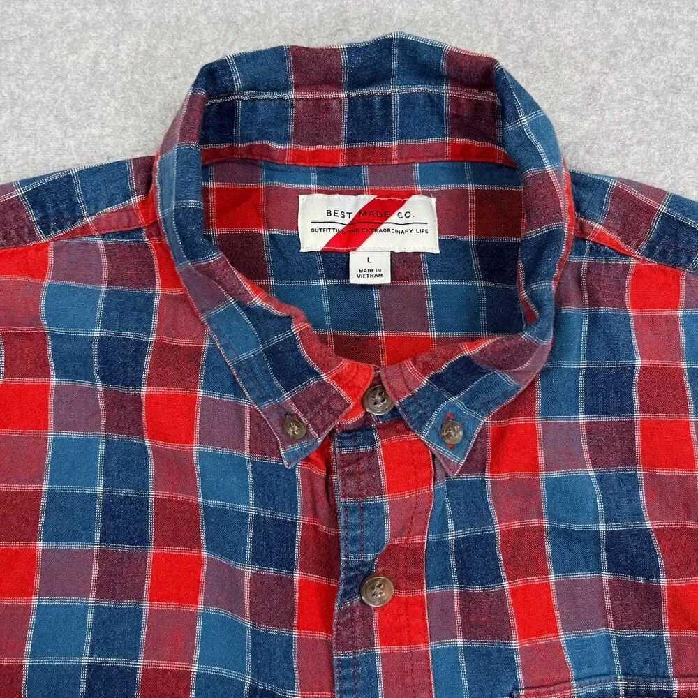 Best Made Co Flannel Shirt Mens Large Red Blue Plaid Linen Cotton Blend Preppy